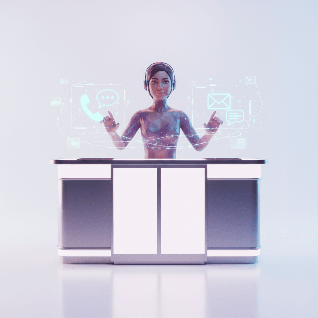 Recepcionista virtual sentada en escritorio con múltiples herramientas